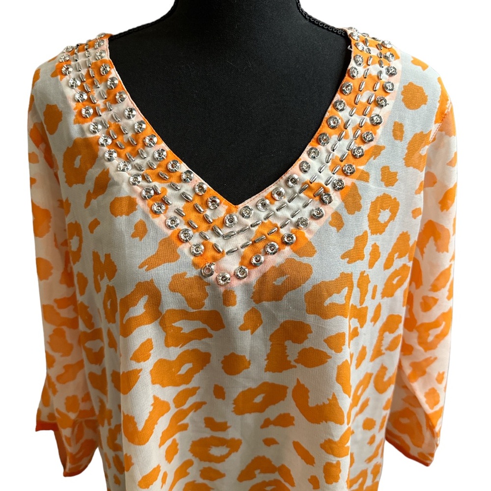Aqua Blue Ladies Orange and White Beaded Beach Cover Up Size Large